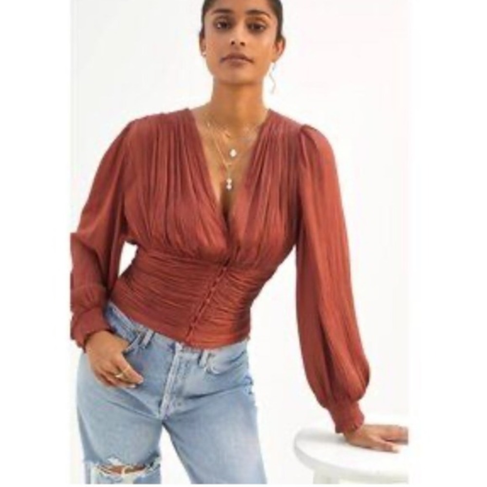 Current Air Ruched Satin Blouse S Rust Orange Balloon Sleeve Romantic Boho